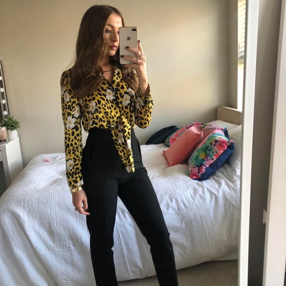 Topshop Yellow and Black Floral Leopard Blouse